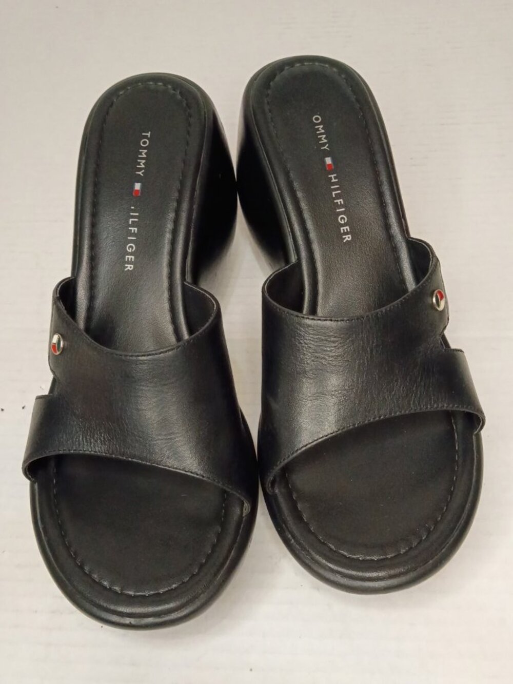 Tommy Hilfiger Black Leather Y2K Platform Wedge Slides Women’s Size 9M